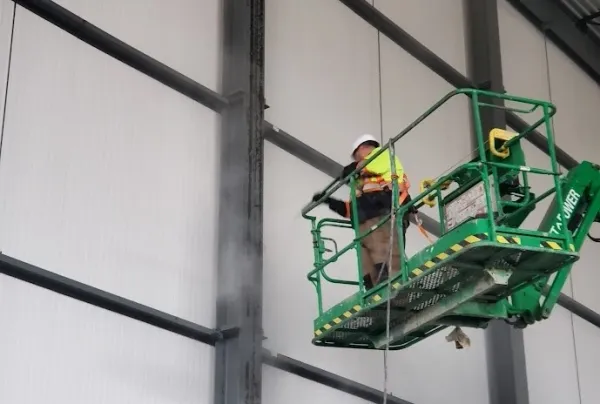 Lift-access cleaning inside a warehouse or industrial facility
